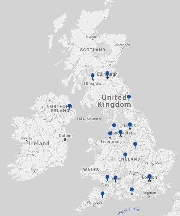 Map showing UK Hair Transplant Clinics locations across the UK